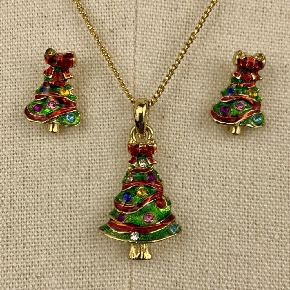 Christopher Radko Enamel Christmas Tree Sparkle Gold Tone Necklace Earrings Set